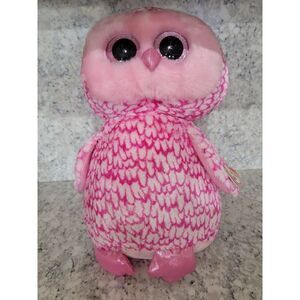 Ty Beanie BOOS Plush PINKY Owl‎ 2015 Glittery Eyes Beak Feet Pink & White 10"